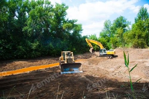 Preview: Excavator Working With Earth And Sand In Sandpit In Highway Construction Site