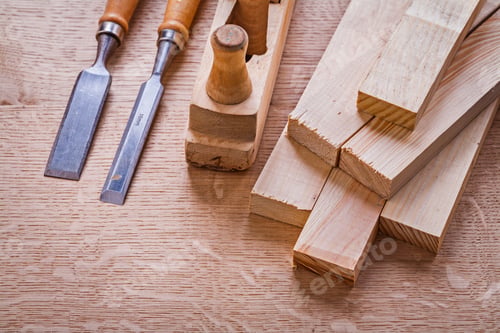 Preview: Stack Of Wooden Planks Chisels Woodworkers Plane On Board