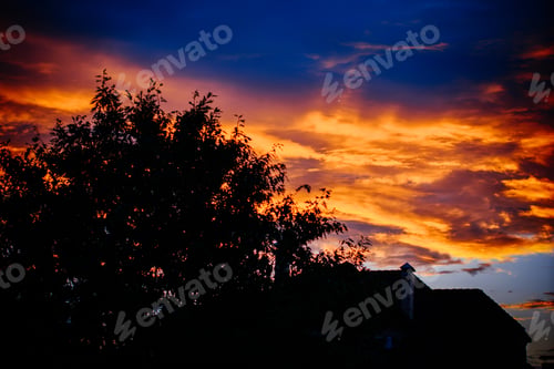 Preview: Stunning Beautiful, Colorful And Mystical Sunset In The Sky, A Cluster Of Colored Clouds. Evening