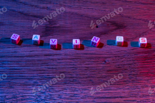 Preview: Savings Cubes With Text In Neon Street Cyber World Of Darkness. Atmospheric Concept. Abstract