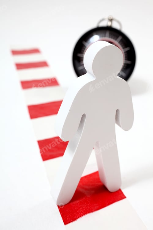 Preview: Danger Of Long Working Hours. Male Figure Standing On Chevron In Front Of Clock