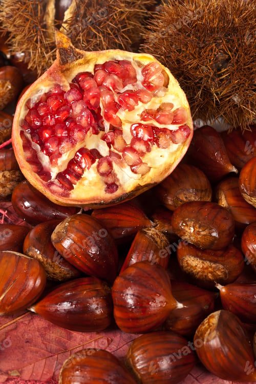 Preview: Autumn Composition With Chestnuts And Red Pomegranate