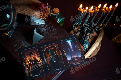 Preview: Cartomancy. A Fortune Teller, Tarot Cards. On The Table Are Candles And Fortune-Telling Objects