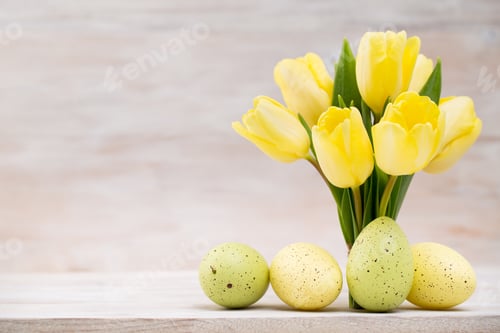 Preview: Yellow Tulips, Spring Flowers And Easter Decoration.