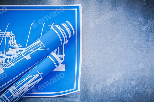 Preview: Blue Construction Plans On Metallic Background Maintenance Concept.