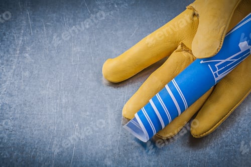 Preview: Safety Gloves Blue Engineering Drawings On Metallic Background.