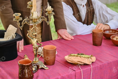 Preview: Old Table With Candelabra And People In Ancient Clothes. Top Hat And Old Dishes-Cups And Mugs