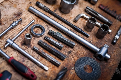 Preview: Color Image Of Many Tools On A Wooden Plank.