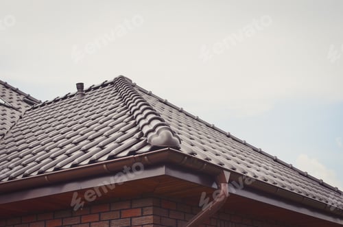 Preview: Dark Brown Ceramic Tile Roof Close Up. Toned Image. Copy Space
