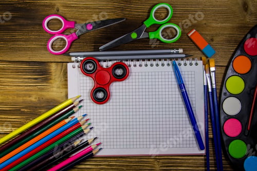 Preview: Set Of School Stationery Supplies. Blank Notebook, Colored Pencils, Pens, Watercolor Paints