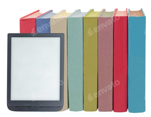Preview: Electronic Book Reader And Book On White Background