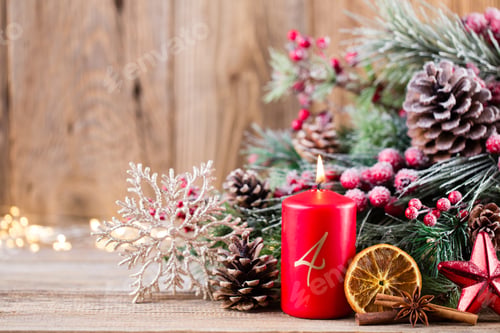 Preview: Christmas Greeting Card. Festive Decoration On Wooden Background. New Year Concept. Copy Space