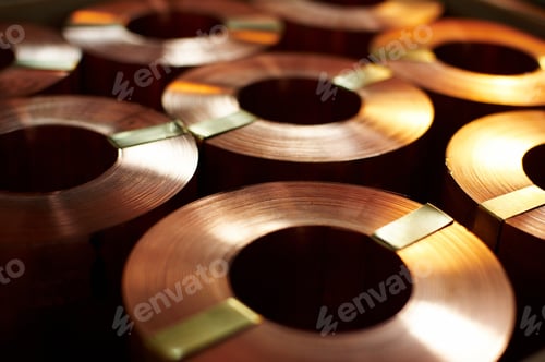Preview: Many Rolls Of Copper, Warehouse Copper Plates. Close Up