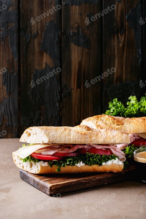 Preview: Homemade Sandwich: Tomatoes, Sliced Cucumber, Cheese, Ham, Lettuce, Cream Cheese And French