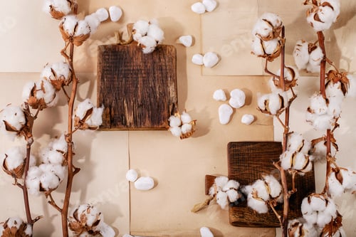 Preview: Various Vintage Paper Background With Wooden Boards And Cotton Flower. Top View, Flat Lay. Copy