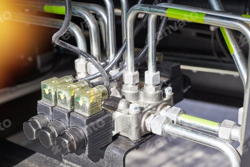 Preview: Closeup Hydraulic Control System For Equipment On A Tractor Or Other Agricultural Machinery.