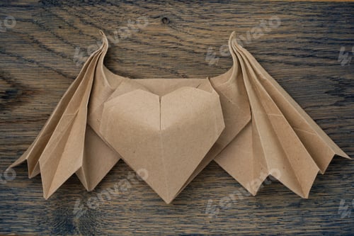 Preview: Origami Paper Heart Mockup. Selective Focus. Dark Wooden Background.