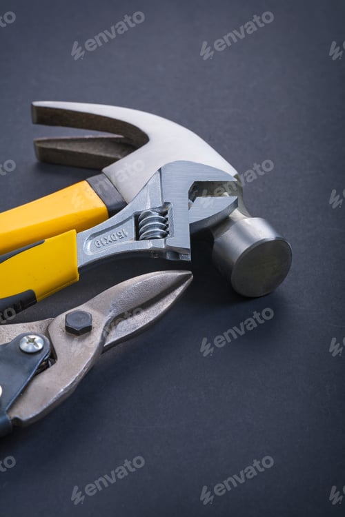 Preview: Vertical View Adjustable Wrench Claw Hammer Steel Cutter On Black Background