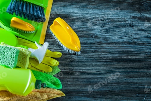Preview: Dustpan Brush Washing Objects On Vintage Wooden Board.