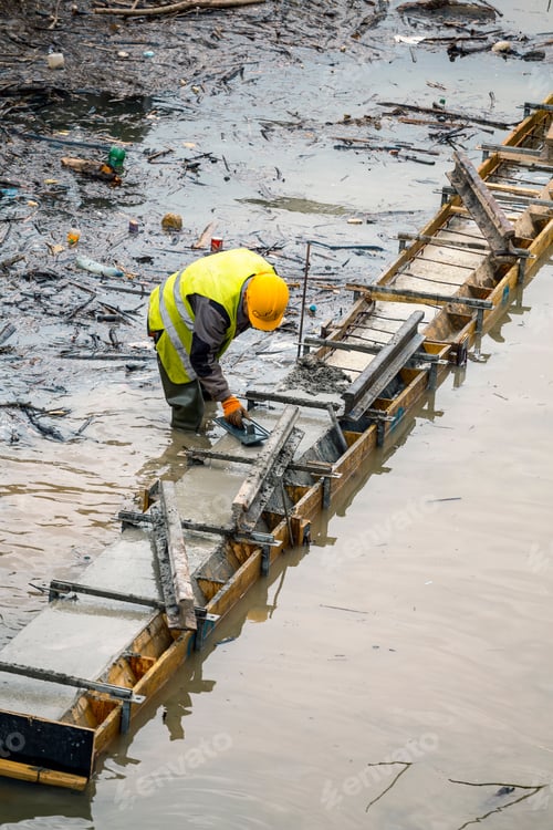 Preview: Construction Worker Leveling Concrete Formwork In Water For River Bank Repair. Concrete Revetment