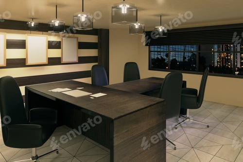 Preview: Modern Wood Style Office With Furniture And Night City View 3D Render