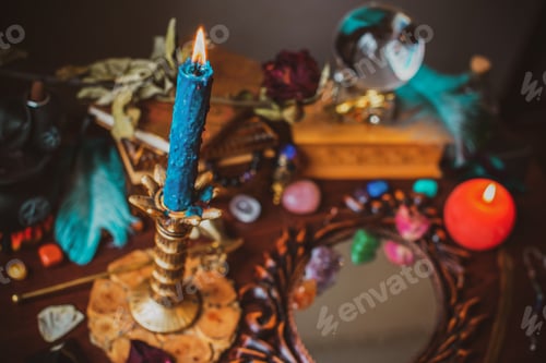 Preview: A Fortune Teller, Witch Stuff On A Table, Candles And Fortune-Telling Objects. The Concept Of