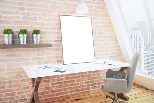 Preview: Blank White Poster On White Wooden Table In Loft Room With Brick Wall And Wooden Floor, Mock Up 3D