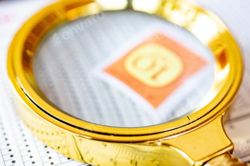 Preview: Extreme Close Up Of Magnifying Glass Over Vintage Stamp And Perforation Gauge
