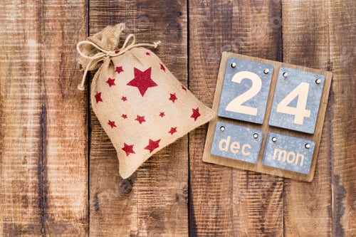 Preview: Christmas Greeting Card. Festive Decoration On Wooden Background. New Year Concept. Copy Space