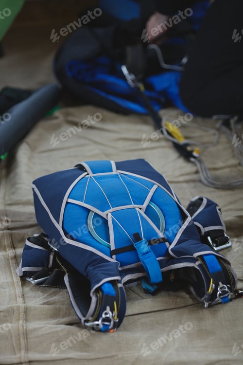 Preview: Modern Sports Parachute Packed Before Jumping, Close-Up. Parachute Equipment.