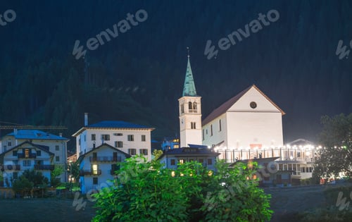 Preview: Aronzo At Night, Italy. Town Center In The Heart Of Dolomites.