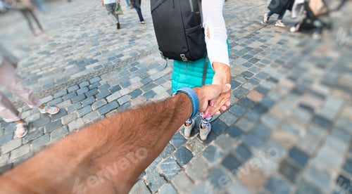 Preview: Woman Tourist In Color Dress And Backpack Leading Man To Visit The City. Traveling Together. Follow
