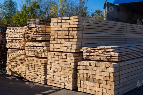 Preview: Wood Planks For Sale. Stacks Of Processed Wood At The Timber Yard. Background
