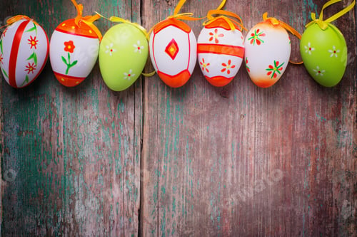 Preview: Colorful Easter Eggs On Aged Wooden Background. Easter Background.