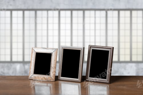 Preview: Old Photo Frames On The Wooden Table In The Living Room