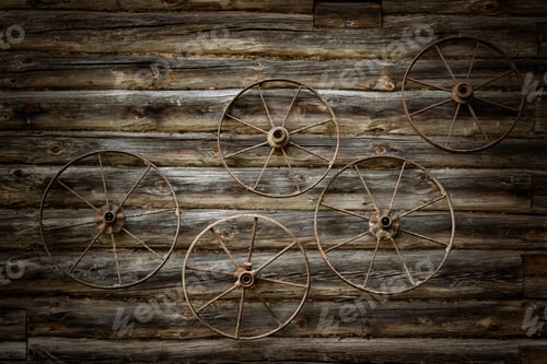 Preview: Old Metal Wheels On A Wooden Wall
