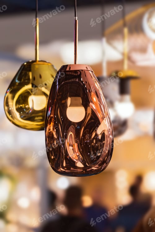 Preview: Modern Streamlined Mirror Oval Copper Chandelier. Bubble Metal Copper Gold Shade Pendant.