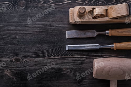 Preview: Flat Chisels Lump Hammer Shaving Plane Construction Concept.