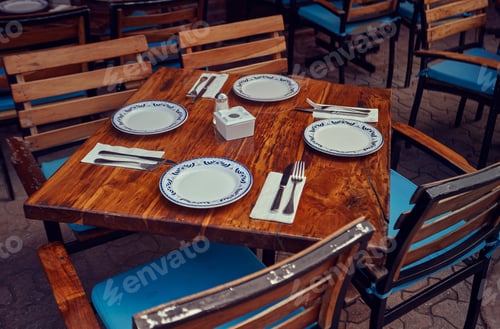 Preview: Table Set Ready For Lunch On A Main Street Of Playa Del Carmen In Mexico.