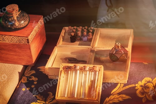 Preview: Magic Bottles And Flasks With Witching Potion In The Evening At Sunset. Empty Flask And Ingredients