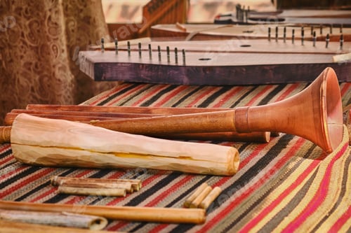 Preview: Vintage Flutes, Horns And Wooden Pipes On The Table. Set Of Ancient Wind Musical Instruments