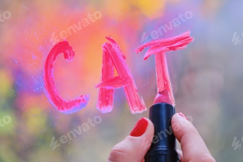 Preview: The Word Cat Is Written On Glass With Lipstick