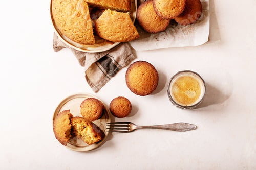 Preview: Homemade Muffins On White Texture Background. Top View, Flat Lay. Copy Space