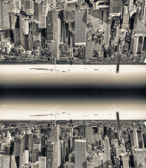 Preview: Abstract City Upside Down. Cityscape On Background Sky. Urban World. Copyspace.