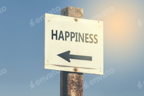 Preview: Happiness Word And Arrow Signpost On Clear Sky Background. Motivational Sign.