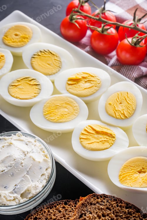 Preview: Boiled Chicken Eggs On A Dark Stone Background