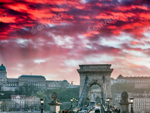 Preview: Traffic Along Chain Bridge At Sunset, Budapest, Hungary