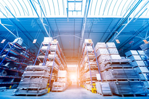 Preview: Warehouse Industrial Company. Commercial Warehouse. Crates Stacked On The Shelves. Industrial