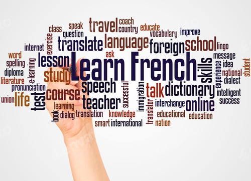 Preview: Learn French Word Cloud And Hand With Marker Concept On White Background.