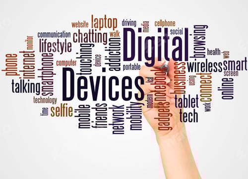 Preview: Digital Devices Word Cloud And Hand With Marker Concept On White Background.